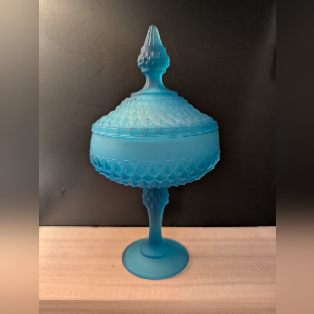 Vintage Indiana Glass Blue Satin Diamond Point Candy Dish